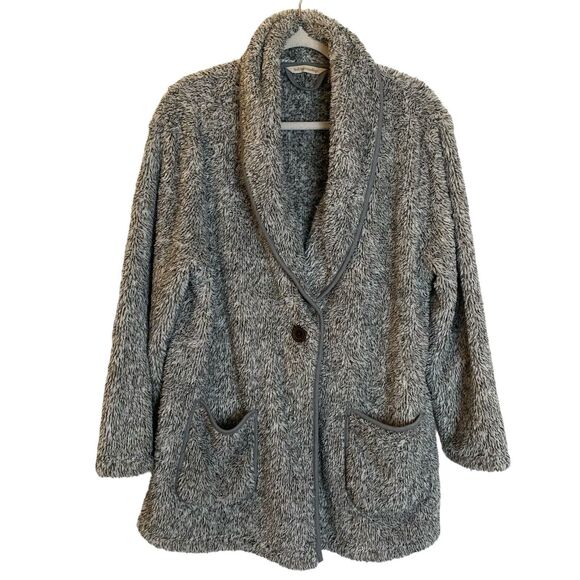 Soft Surroundings Womens Gray Fleece Cardigan Sweater Sz Large One Button Light - Picture 1 of 12
